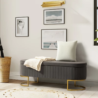 Nuria 50" Wide Modern Upholstered Flip Top Storage Bench With Golden Metal C-shaped Sled Legs For Living Room | ARTFUL LIVING DESIGN 2 Nuria 50" Wide Modern Upholstered Flip Top Storage Bench With Golden Metal C-shaped Sled Legs For Living Room | ARTFUL LIVING DESIGN - Image 2
