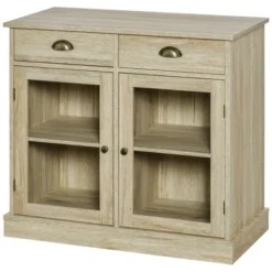 HOMCOM Rustic Farmhouse Sideboard, Buffet Cabinet With 2 Glass Doors, Adjustable Shelves And 2 Drawers For Kitchen, Living Room, Oak -Baxton Studio Shop GUEST 04831bc5 e114 4f35 a3de 8af7d7da9ced