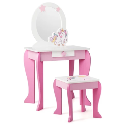 Tangkula 2-in-1 Kids Vanity Set Makeup Table & Chair Set For Toddlers W/Detachable Mirror Pink/White 8 Tangkula 2-in-1 Kids Vanity Set Makeup Table & Chair Set For Toddlers W/Detachable Mirror Pink/White - Image 8