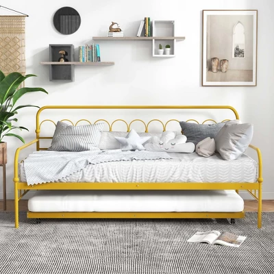 Costway Twin Size Metal Daybed With Trundle Space-Saving Sofa Bed Lockable Wheels Gold 4 Costway Twin Size Metal Daybed With Trundle Space-Saving Sofa Bed Lockable Wheels Gold - Image 4