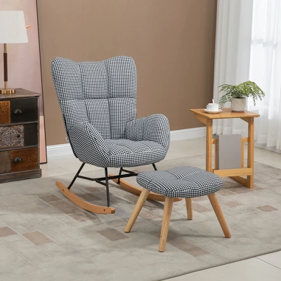 HOMCOM Glider Rocker With Ottoman Set, Houndstooth Nursery Rocking Chair, Upholstered Wingback Armchair For Living Room And Bedroom 1 HOMCOM Glider Rocker With Ottoman Set, Houndstooth Nursery Rocking Chair, Upholstered Wingback Armchair For Living Room And Bedroom