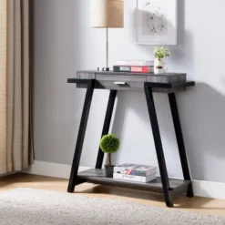 FC Design 31.5"W Two-Tone Console Table With Drawer And Shelf In Distressed Grey And Black Finish