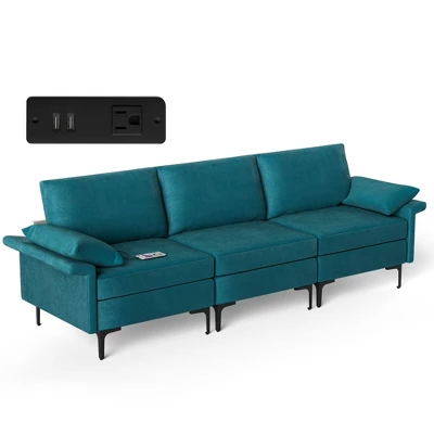 Costway Modern Modular Fabric 3-Seat Sofa Couch With Socket USB Ports & Metal Legs Grey/Blue 10 Costway Modern Modular Fabric 3-Seat Sofa Couch With Socket USB Ports & Metal Legs Grey/Blue - Image 10