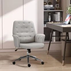 Vinsetto Mid-Back Tufted Velvet Fabric Home Office Desk Chair With Adjustable Height Swivel Adjustable Task Chair With Padded Armrests Light Gray