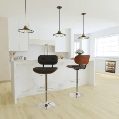 Merrick Lane Adjustable Height Barstool Contemporary Black Vinyl Tufted Bentwood Counter Stool With Chrome Base & Integrated Footrest