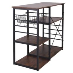 Wood And Metal Bakers Rack With 4 Shelves And Wire Basket Brown/Black - Benzara -Baxton Studio Shop GUEST 138c4590 ba20 4879 86fe 3e614f8a6f0d