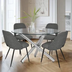 Eileen+Edwin 5-Piece Round Clear Glass Dining Table Set With 4 Upholstered Chairs -The Pop Maison -Baxton Studio Shop GUEST 153a37bd 8898 42fd 9079 f20ab7a68184