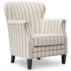 Fabric Upholste Wooden Accent Chair With Nail Head Trim White/Gray - Benzara