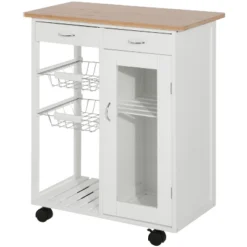 HOMCOM 28" Rolling Kitchen Trolley Serving Cart Storage Cabinet Bamboo Top With Wire Basket & Door Cabinet & Drawers, White -Baxton Studio Shop GUEST 17c15a63 df11 48e0 b9f3 3766df50ed89