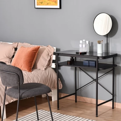 HOMCOM Modern Glasstop Vanity Table With Mirror, Makeup Dressing Table With Rotating Round Mirror, Shelves For Perfumes, Cosmetics, Lotions, Black 2 HOMCOM Modern Glasstop Vanity Table With Mirror, Makeup Dressing Table With Rotating Round Mirror, Shelves For Perfumes, Cosmetics, Lotions, Black - Image 2