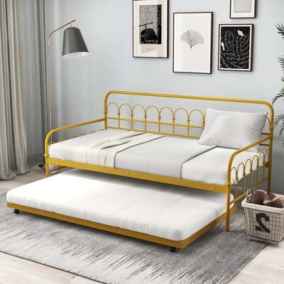 Costway Twin Size Metal Daybed With Trundle Space-Saving Sofa Bed Lockable Wheels Gold 1 Costway Twin Size Metal Daybed With Trundle Space-Saving Sofa Bed Lockable Wheels Gold