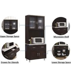 Hodedah Kitchen Dining Room Fine China Dinnerware Small Appliance Pots And Pans Microwave Storage Cabinet, Chocolate