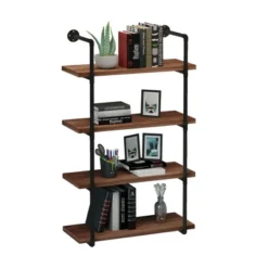 HOMCOM 4-Tier Industrial Pipe Shelves Floating Wall Mounted Bookshelf, Metal Frame Display Rack, 1.25" Thickness Shelving Unit Kitchen, Bar, Brown -Baxton Studio Shop GUEST 1b483c61 f7a8 48a8 8e13 9781f3c08ef7
