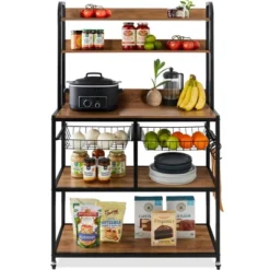 Best Choice Products 67in Counter-Height Baker's Rack W/ Locking Wheels, Adjustable Feet, 2 Wire Baskets -Baxton Studio Shop GUEST 1e657848 be08 4e8f 85db 67606940e94c