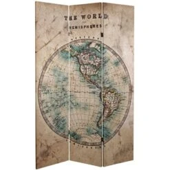 6" Double Sided Vintage Globe Canvas Room Divider Beige - Oriental Furniture