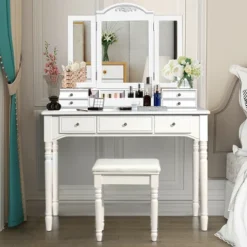 Costway 7 Drawers Vanity Set Dressing Table W/ Tri-Folding Mirror -Baxton Studio Shop GUEST 26359450 702e 4d73 a821 14695df44928