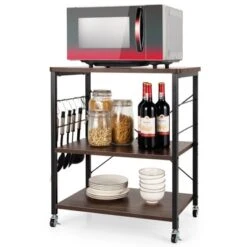 Tangkula Kitchen Baker's Rack 3-Tier Microwave Cart With Wheels&10 Hooks Rustic Brown/Maple/Vintage/Nut Brown -Baxton Studio Shop GUEST 2926449a 3734 4d29 bd6c 90e8156802cf
