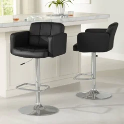 Studio 55D Chrome Swivel Bar Stools 32 3/4" High Set Of 2 Modern Black Faux Leather Adjustable For Kitchen Counter Height Island