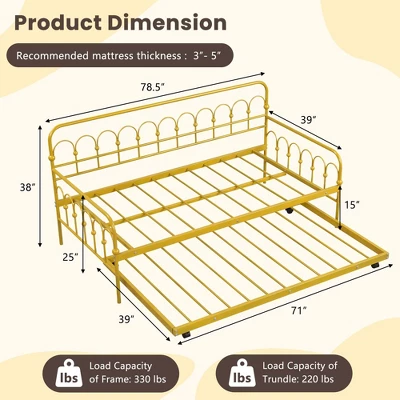 Costway Twin Size Metal Daybed With Trundle Space-Saving Sofa Bed Lockable Wheels Gold 3 Costway Twin Size Metal Daybed With Trundle Space-Saving Sofa Bed Lockable Wheels Gold - Image 3