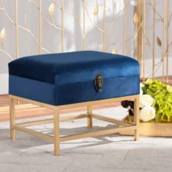 Aliana Fabric And Metal Ottoman Navy Blue/Gold - Baxton Studio -Baxton Studio Shop GUEST 2df85332 dadb 4c91 b4a7 7fe43573b13d