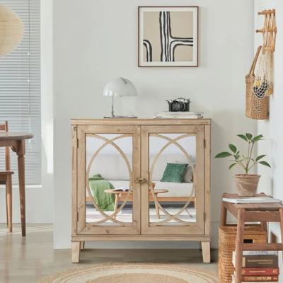 Jamie 31.5" W 2 Mirrored Doors Multi-functional Retro Style Wooden Storage Cabinets With 1 Adjustable Inner Shelf And Pine Legs-Maison Boucle 8 Jamie 31.5" W 2 Mirrored Doors Multi-functional Retro Style Wooden Storage Cabinets With 1 Adjustable Inner Shelf And Pine Legs-Maison Boucle - Image 8