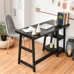 Tangkula Trestle Computer Desk Indoor Office Workstation For Home Office With 2-Tier Storage Shelves -Baxton Studio Shop GUEST 330b100a 2f6b 4316 92da 0dc592cb9150