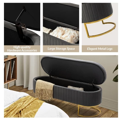 Nuria 50" Wide Modern Upholstered Flip Top Storage Bench With Golden Metal C-shaped Sled Legs For Living Room | ARTFUL LIVING DESIGN 4 Nuria 50" Wide Modern Upholstered Flip Top Storage Bench With Golden Metal C-shaped Sled Legs For Living Room | ARTFUL LIVING DESIGN - Image 4