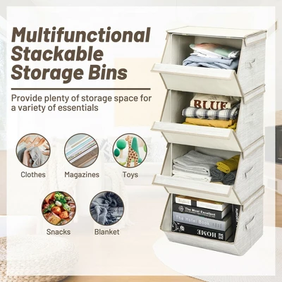 Costway Stackable Large Bins Cubes W/Lids Storage Organizers W/Linen&Oxford Fabric 4 Sets 3 Costway Stackable Large Bins Cubes W/Lids Storage Organizers W/Linen&Oxford Fabric 4 Sets - Image 3