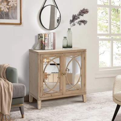 Jamie 31.5" W 2 Mirrored Doors Multi-functional Retro Style Wooden Storage Cabinets With 1 Adjustable Inner Shelf And Pine Legs-Maison Boucle 1 Jamie 31.5" W 2 Mirrored Doors Multi-functional Retro Style Wooden Storage Cabinets With 1 Adjustable Inner Shelf And Pine Legs-Maison Boucle