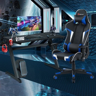 Costway Z-Shaped Racing Style Desk & Massage Gaming Chair Set For Home Office 1 Costway Z-Shaped Racing Style Desk & Massage Gaming Chair Set For Home Office