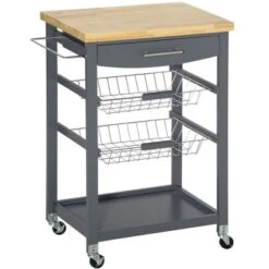 HOMCOM 3-Tier Utility Kitchen Cart With Handle Bar, Steel Basket Rolling Cart, Food Storage Service Trolley With Drawer, Rubber Wood Top -Baxton Studio Shop GUEST 3ae99e36 b09e 4ac0 bee0 94260c614857