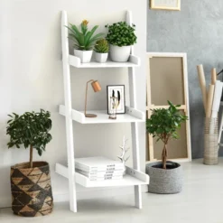 Costway 3 Tier Leaning Wall Ladder Book Shelf Bookcase Storage Rack Display Flower Shelf Plant Shelf Furniture
