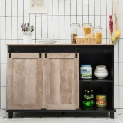 Costway Kitchen Buffet Storage Cabinet Sideboard W/ Sliding Barn Doors Adjustable Shelf