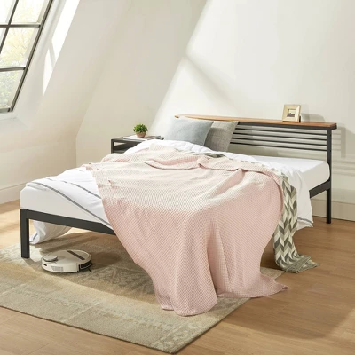 Hylle Metal Platform Bed With Low Headboard Shelf Black - Mellow 1 Hylle Metal Platform Bed With Low Headboard Shelf Black - Mellow