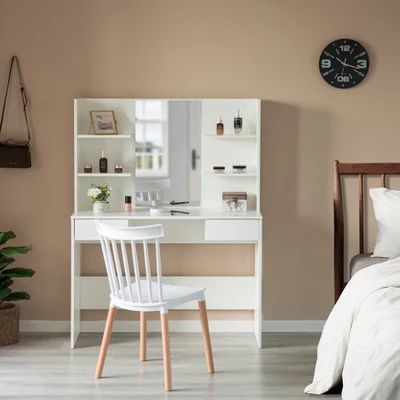 Basicwise Modern Wooden Dressing Table With Drawer, Mirror And Shelves For The Dining Room, Entryway And Bedroom 1 Basicwise Modern Wooden Dressing Table With Drawer, Mirror And Shelves For The Dining Room, Entryway And Bedroom