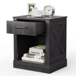 Costway 2PCS Nightstand With Drawer And Shelf Rustic Wooden Bedside Table Bedroom Brown / Natural / Black -Baxton Studio Shop GUEST 45de43f6 81eb 4117 a042 466e39701bd6