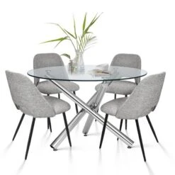 Eileen+Edwin 5-Piece Round Clear Glass Dining Table Set With 4 Upholstered Chairs -The Pop Maison