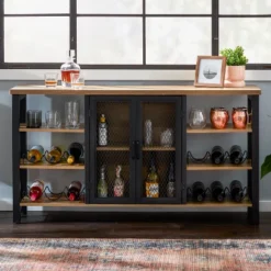 Jomeed Modern Industrial Farmhouse Metal Frame Wooden Buffet Coffee Entertainment Cabinet With Removable Wine Bottle And Stemware Racks -Baxton Studio Shop GUEST 489f977e 2bd5 4ae2 bedb b58984670662