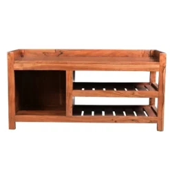 Entryway Bench With Wooden Seat And 2 Slatted Shelves Brown - The Urban Port