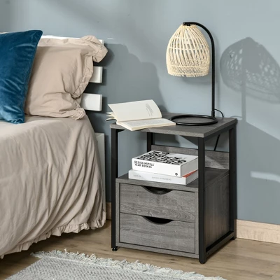 HOMCOM Industrial Side Table, End Table With 2 Storage Drawers Accent Piece 1 HOMCOM Industrial Side Table, End Table With 2 Storage Drawers Accent Piece