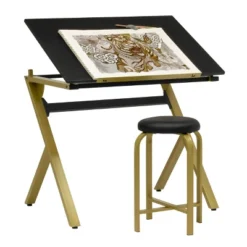 2pc Stellar Drawing Table With 36" Adjustable Top With Stool Set Black/Gold - Studio Designs -Baxton Studio Shop GUEST 4dcfbf27 2896 4c45 a815 140c91b7d844