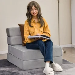 Costway Tri-Fold Fold Down Chair Flip Out Lounger Convertible Sleeper Bed Couch Dorm Grey