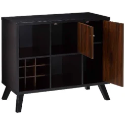 Wooden Wine Bar Storage Cabinet With 2 Door Cabinet And Storage Cubes Black/Brown - Benzara