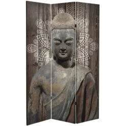 6" Double Sided Stone Buddha Canvas Room Divider Gray - Oriental Furniture