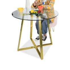 32" Hana Tempered Glass Top Modern Round Dining Table Gold 4 Point/Leg-The Pop Maison
