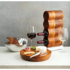 Nambe Handcrafted Acacia Wood Curvo Winery Rack With Alloy Metal Base Modern Design, Holds 4 Bottles, Brown Silver -Baxton Studio Shop GUEST 558f522f d2c8 494e 803a 7e43e3306f8f