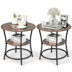 Costway 2 PCS 2-Tier Sofa Side End Table Round Nightstand With Sturdy Metal Frame Brown/Oak 21 Costway 2 PCS 2-Tier Sofa Side End Table Round Nightstand With Sturdy Metal Frame Brown/Oak -Baxton Studio Shop GUEST 5b69facc 9fa0 4e12 8cb1 a2d5f6cd98c2