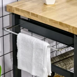 HOMCOM 3-Tier Utility Kitchen Cart With Handle Bar, Steel Basket Rolling Cart, Food Storage Service Trolley With Drawer, Rubber Wood Top -Baxton Studio Shop GUEST 5c70b93a 2242 4369 adf6 8e2415313dde