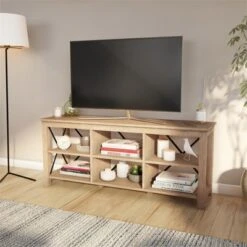 58" Open Back TV Stand In White Oak Wood With Metal Black Accents - Henn&Hart 17 58" Open Back TV Stand In White Oak Wood With Metal Black Accents - Henn&Hart -Baxton Studio Shop GUEST 5cb1507a ea3a 4580 89d1 9baa7600b766