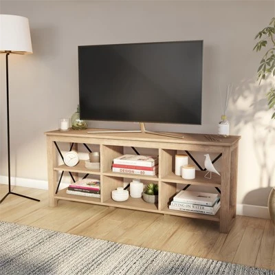 58" Open Back TV Stand In White Oak Wood With Metal Black Accents - Henn&Hart 9 58" Open Back TV Stand In White Oak Wood With Metal Black Accents - Henn&Hart - Image 9